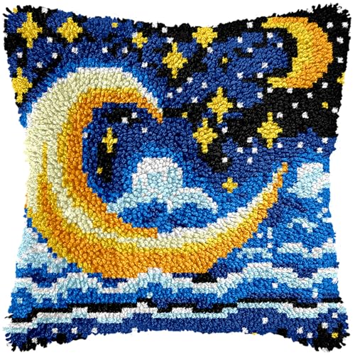 Image of Anurjah Latch Hook Pillow Kits for Adults, Crochet Kit for Beginners 17x17inch Home Decor Pillow Cover Making Kit with Crochet Tool ＆ Precut Yarns and Coded Canvas Christmax Halloween Craft Gifts