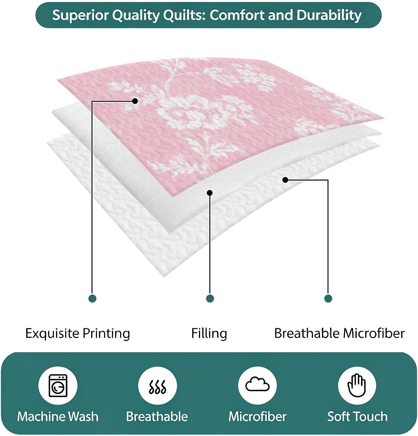 Twin XL Quilt Bedding Set, Seamless Flower Print Pink Soft Microfiber Summer Bedspread Coverlet with 2 Pillow Shams for All Season, White Vintage Peony Blossom Breathable Bedding Set for Hot Sleepers