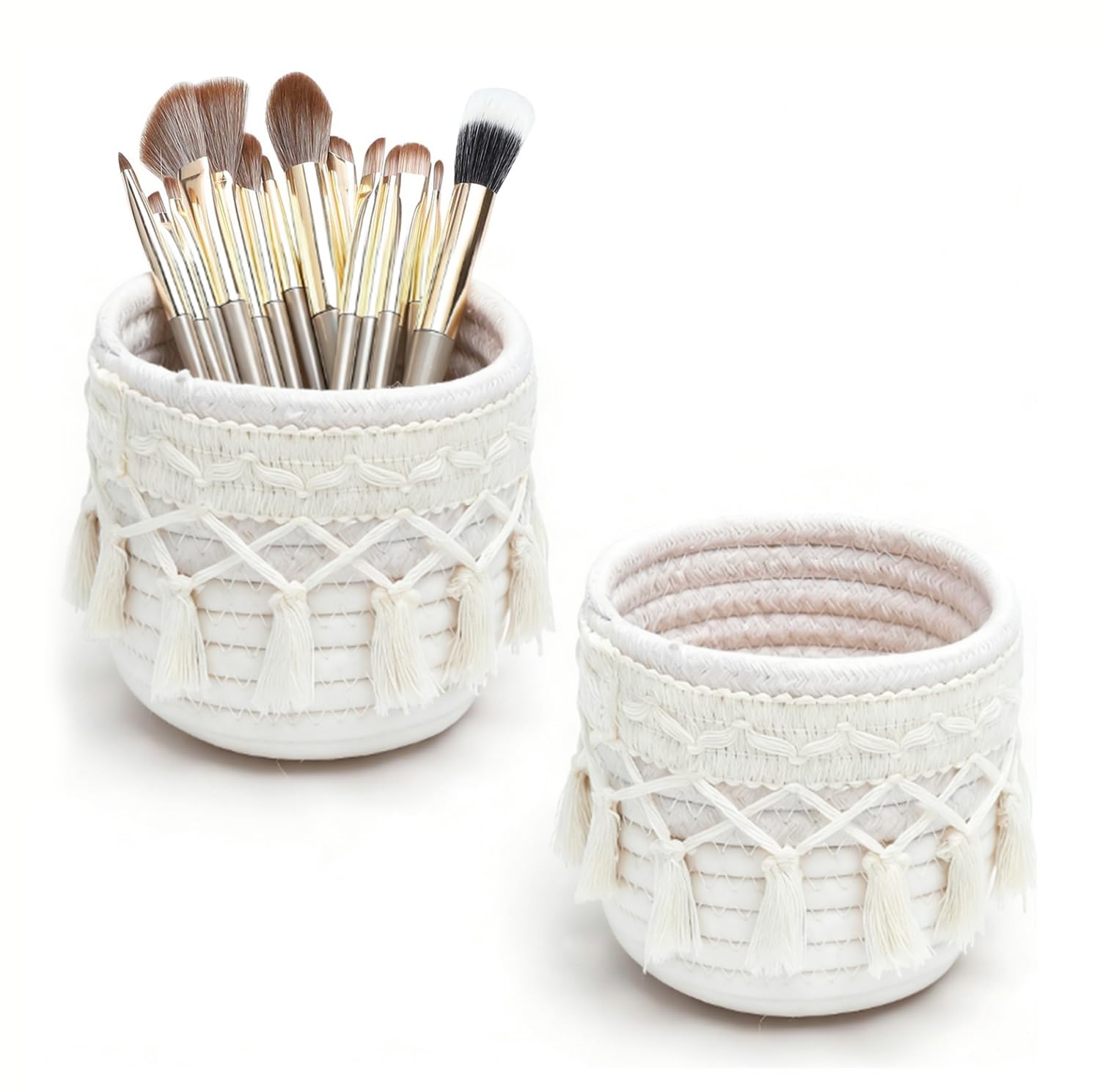 Lot de 2 porte-pinceaux de maquillage en macramé, panier de rangement bohème, 10 x 10 cm, en corde de coton, mini organisateur cosmétique et porte-stylos pour coiffeuse, salle de bain, bureau, ivoire