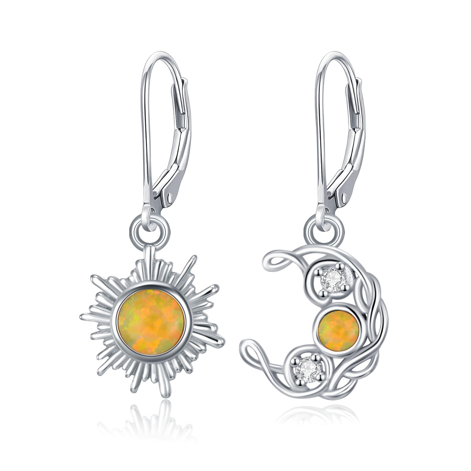Sonne Mond Ohrringe für Damen 925 Sterling Silber Halbmond Sonne Opal Tropfen Ohrringe Himmlischer Schmuck Geschenk für Ehefrau Freundin Tochter