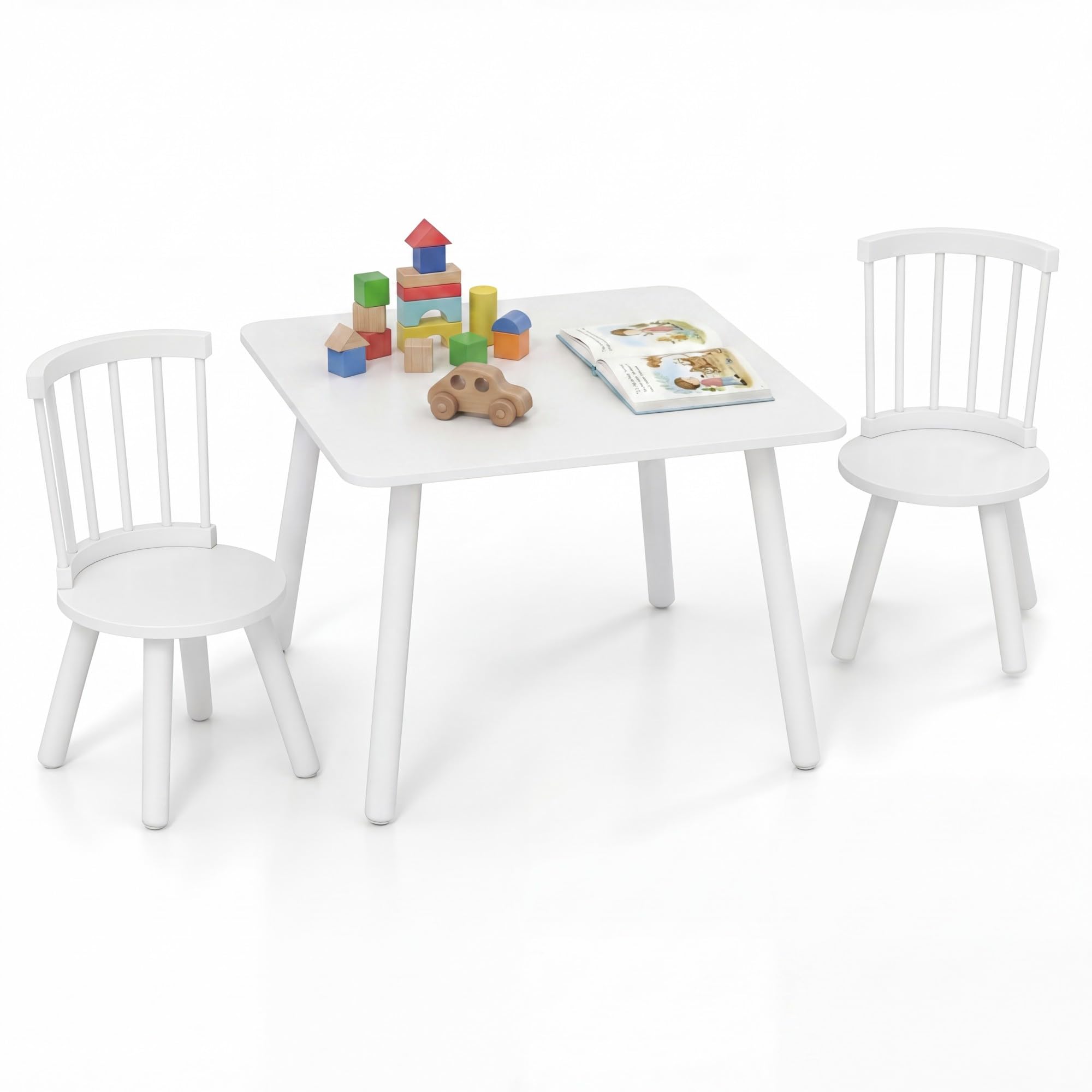 LIFEZEAL Kindertisch mit 2 Stühlen, 3-teilig Kindersitzgruppe für Jungen & Mädchen, Sitzgruppe Kinder Holz, Kinder-Tisch-Stuhl Set Kindermöbel Sitzgruppe für Kinderzimmer, Kindergärten (Weiß)