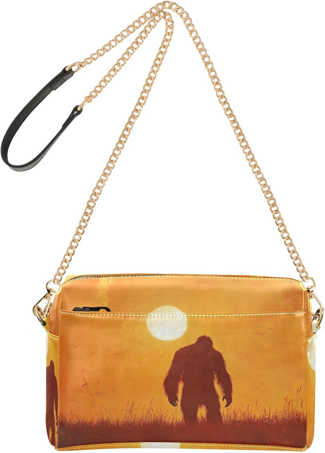 Women Crossbody Bag Shoulder Handbag Cellphone Purse PU Leather Metal Chain Strap Water Resistant Zipper Closure Sun Sasquatch Print
