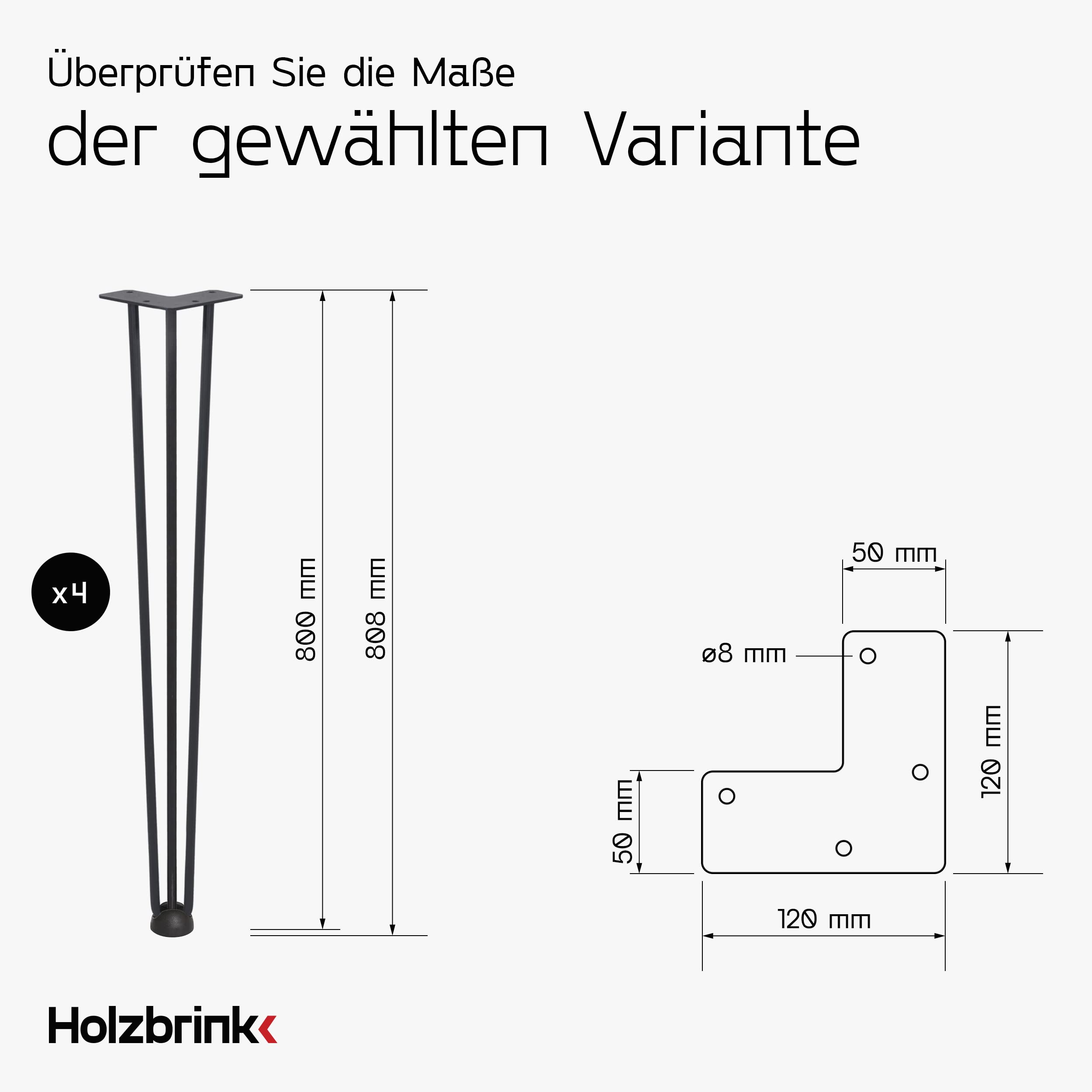HOLZBRINK 4x gamba da tavolo in metallo con 3 aste Hairpin,Gamba con asta tripla per mobili, tavolo, 80 cm, Nero Intenso, HLT-13A-80-9005