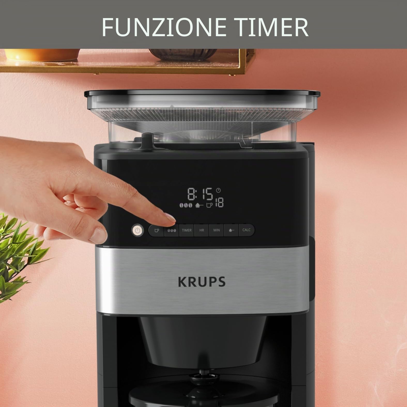 Krups KM8328 - Macchina da caffè con macina | Timer 24 ore | Contenitore per fagioli da 180 g | capacità 1,25 l per fino a 15 tazze di caffè | Funzione Auto-Off | 3 gradi | Nero
