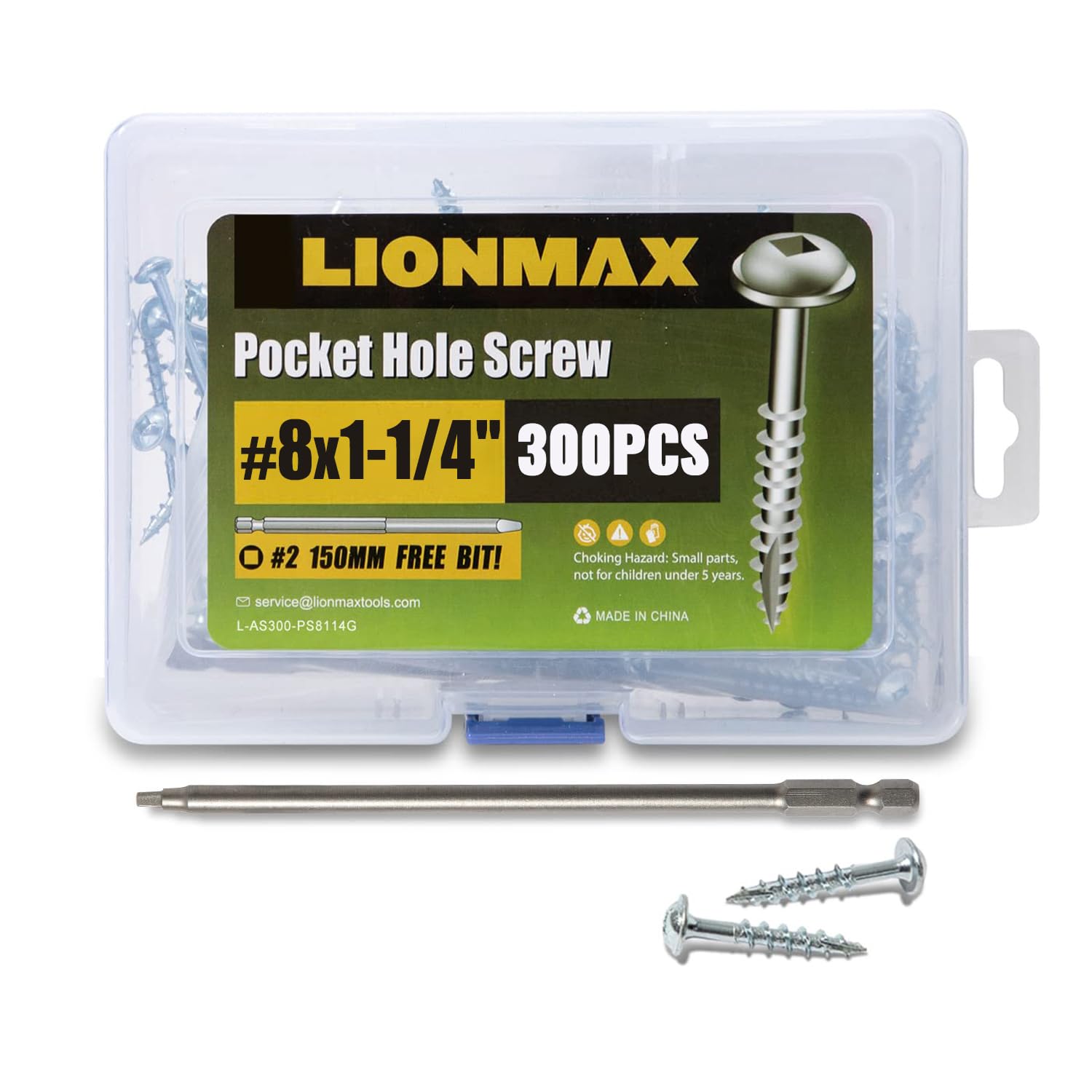 LIONMAX Pocket Hole Screws 1-1/4 Inch, 300PCS #8 x 1-1/4" Pocket Screw with Square Drive, Coarse Threads, for Indoor Wood Project, Zinc Plated, 150MM