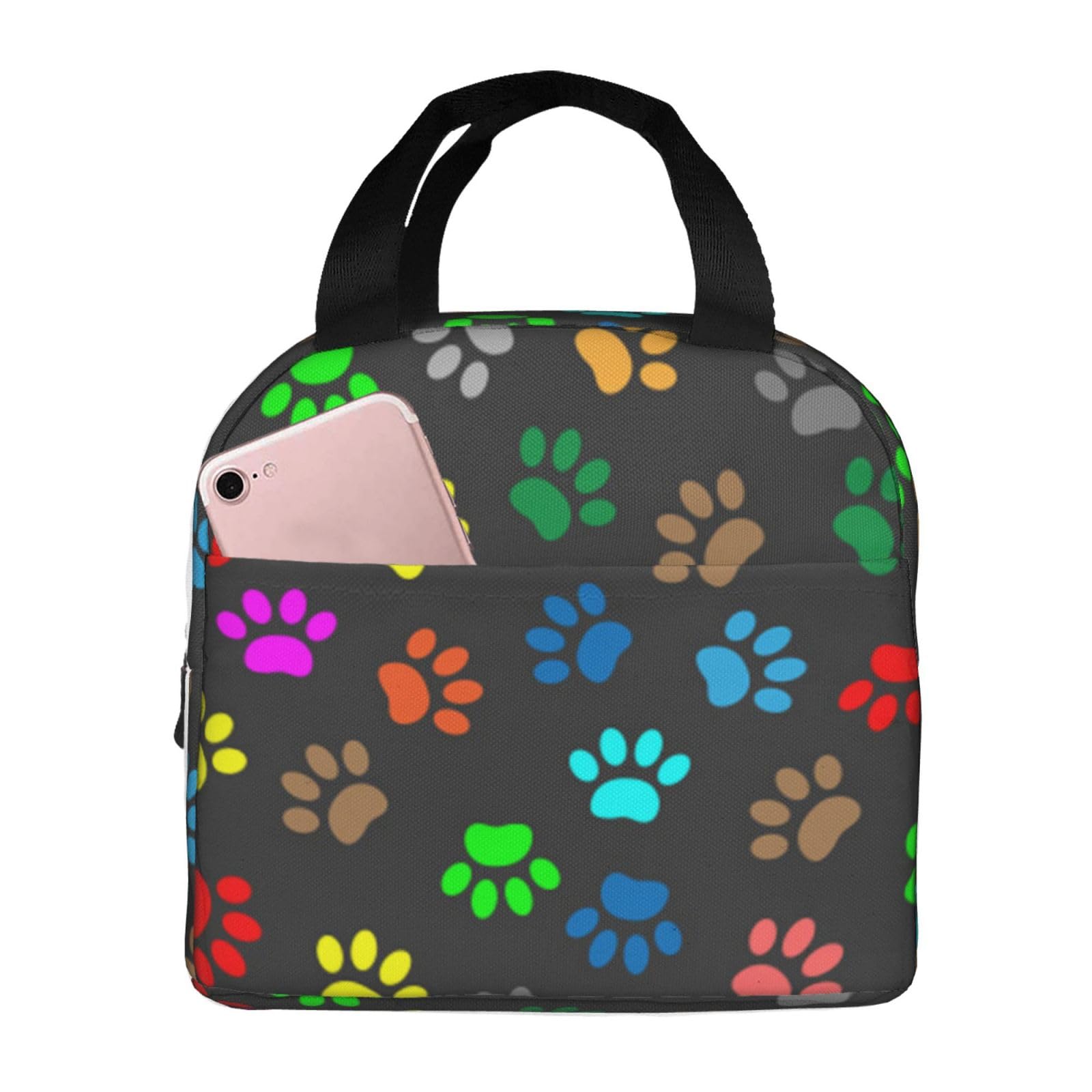 JAMCHE Colorful Dog Paw Print Black Insulated Lunch Bags for Women & Kids & Girls & Adults & Ladies, Waterproof Leak-Proof Lunch Cool Bag Thermal Lunch Tote Bags for Work School Picnic