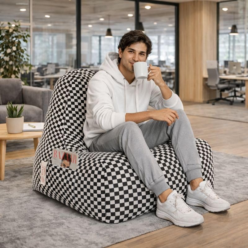 Image of Style Homez Hackey Cotton Canvas Checkered Printed Bean Bag XXL Size Filled with Beans Fillers