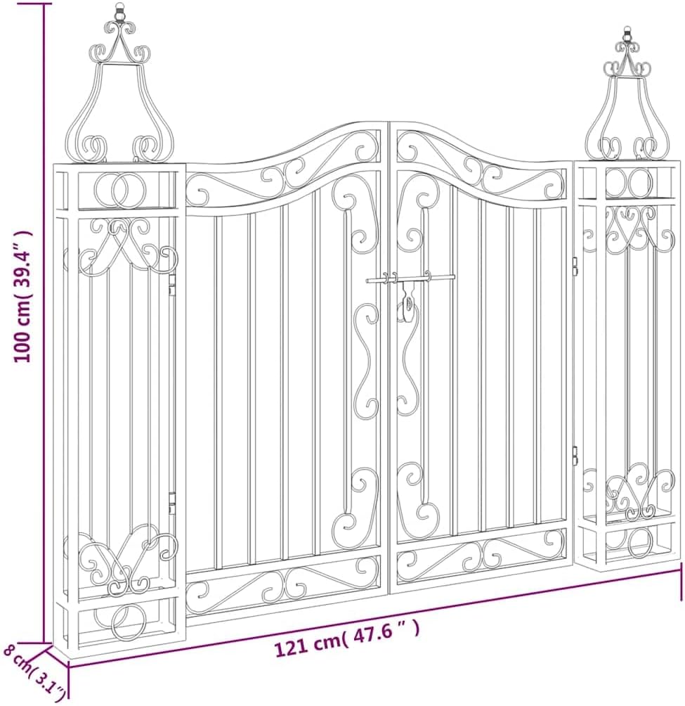 vidaXL Garden Gate Black Wrought Iron Ornamental Fence with Lock 47.6" x 3.1" x 39.4" Outdoor Patio Lawn Yard