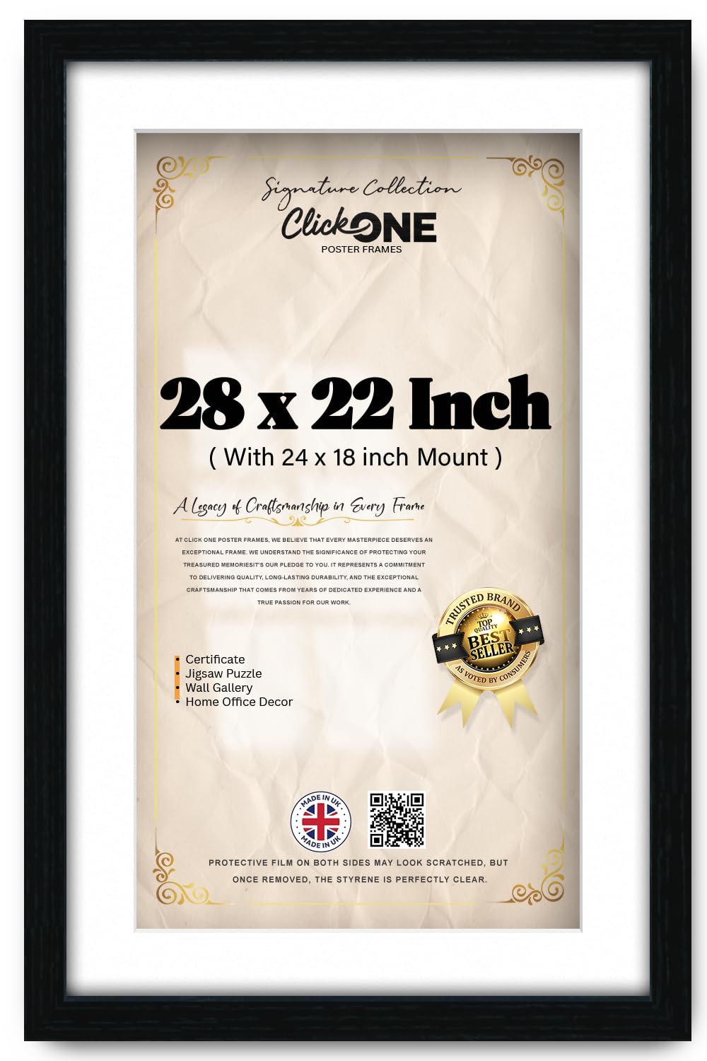 Click One - Rectangle Elegant Wood Finish 28 X 22 Inch Poster Frame With 60.96 X 45.72 Cm White Mount For Art And Home Decor 71.12 X 55.88 Cm Outer Size Ideal For Wall Gallery Black