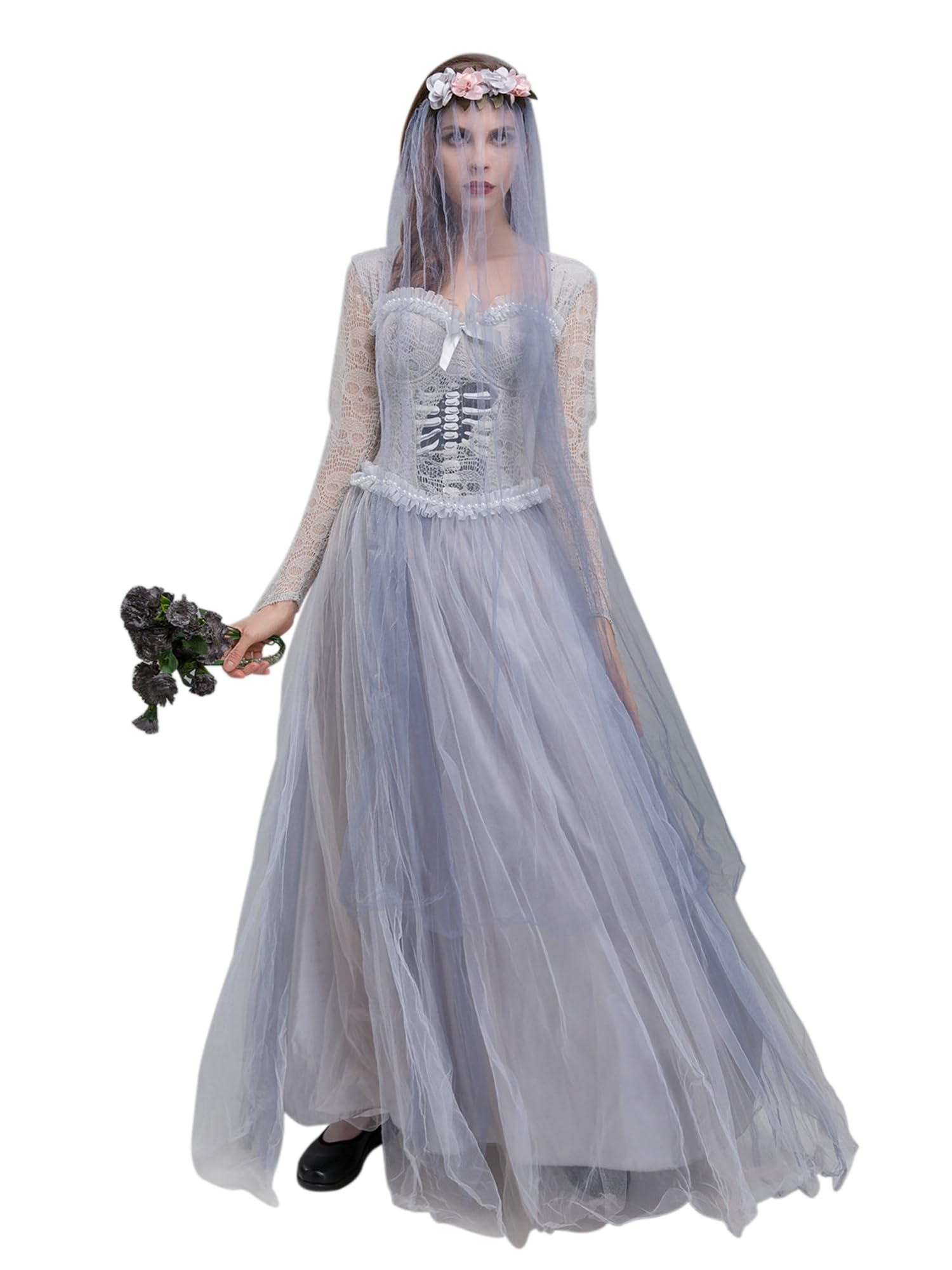 Felcia Women Halloween Dead Ghost Corpse Bride Costume Veil Floral Headband Lace Long Dress Set for Cosplay Outfits (A-Gray, XXL) — image 1