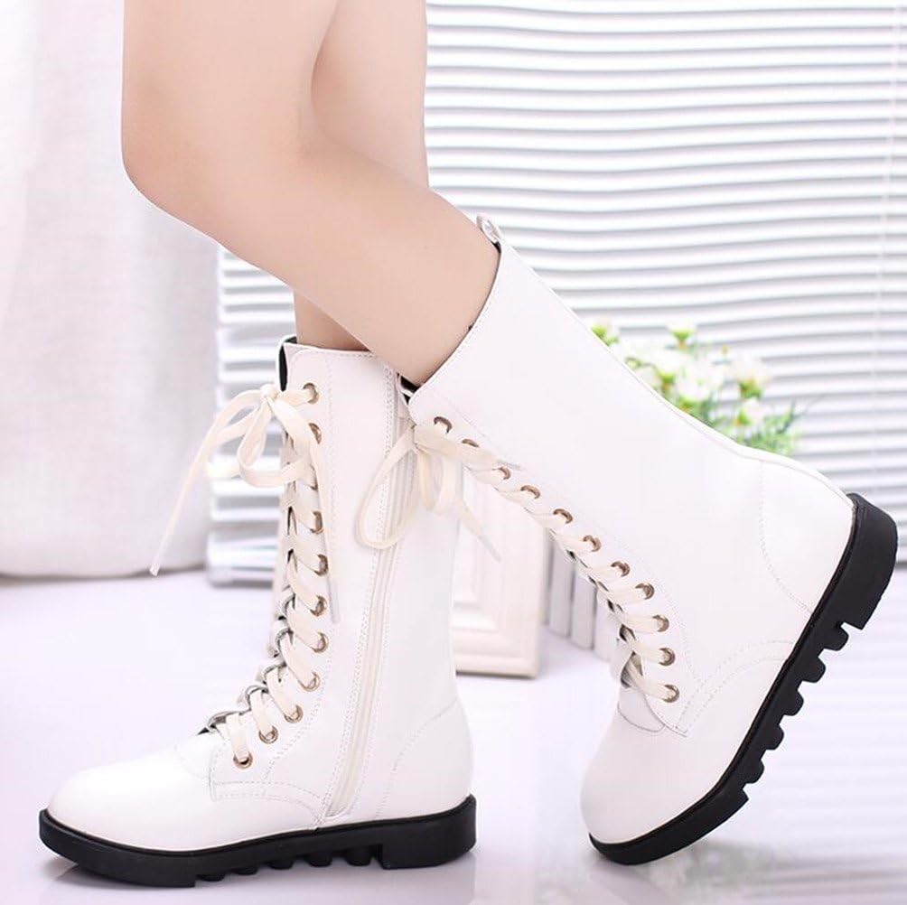 DADAWEN Kid's Girls Leather Lace-Up Zipper Mid Calf Combat Riding Winter Boots (Toddler/Little Kid/Big Kid)