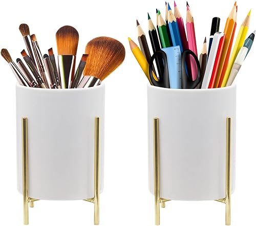 Bersauji Portalápices para escritorio, soportes de cerámica para bolígrafos con soporte de metal negro para oficina y familia, organizador de