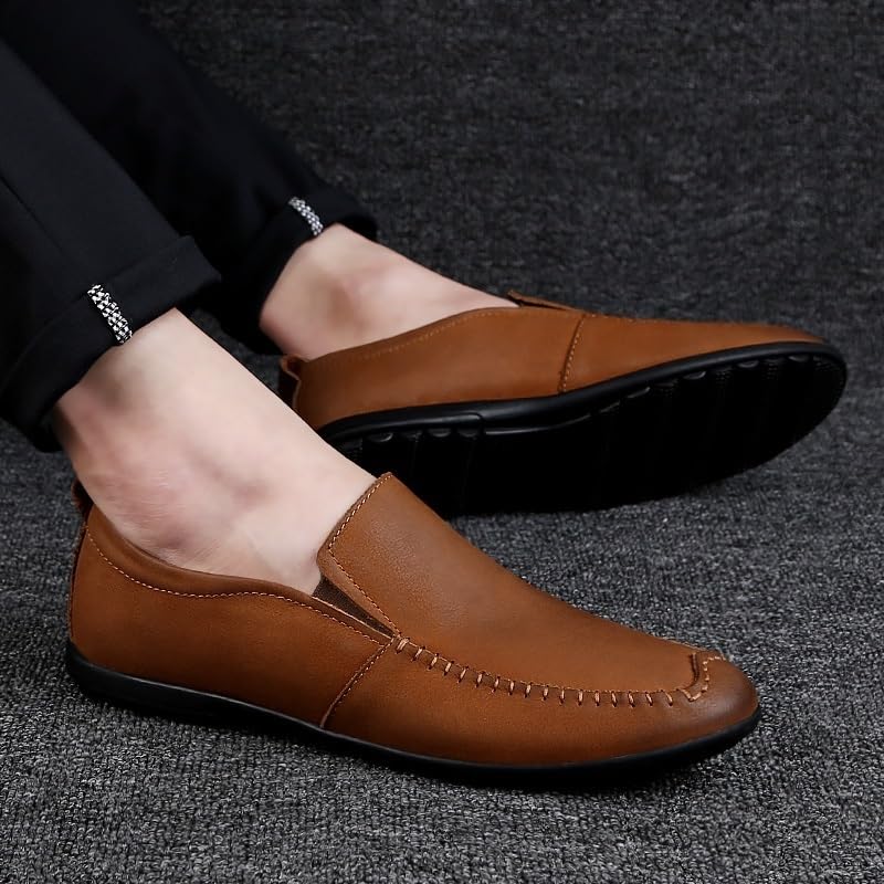 Mens Loafers Solid Color Leather Round Toe Loafer Shoes Comfortable Flat Heel Slip Resistant Fashion Classic Slip-ons3