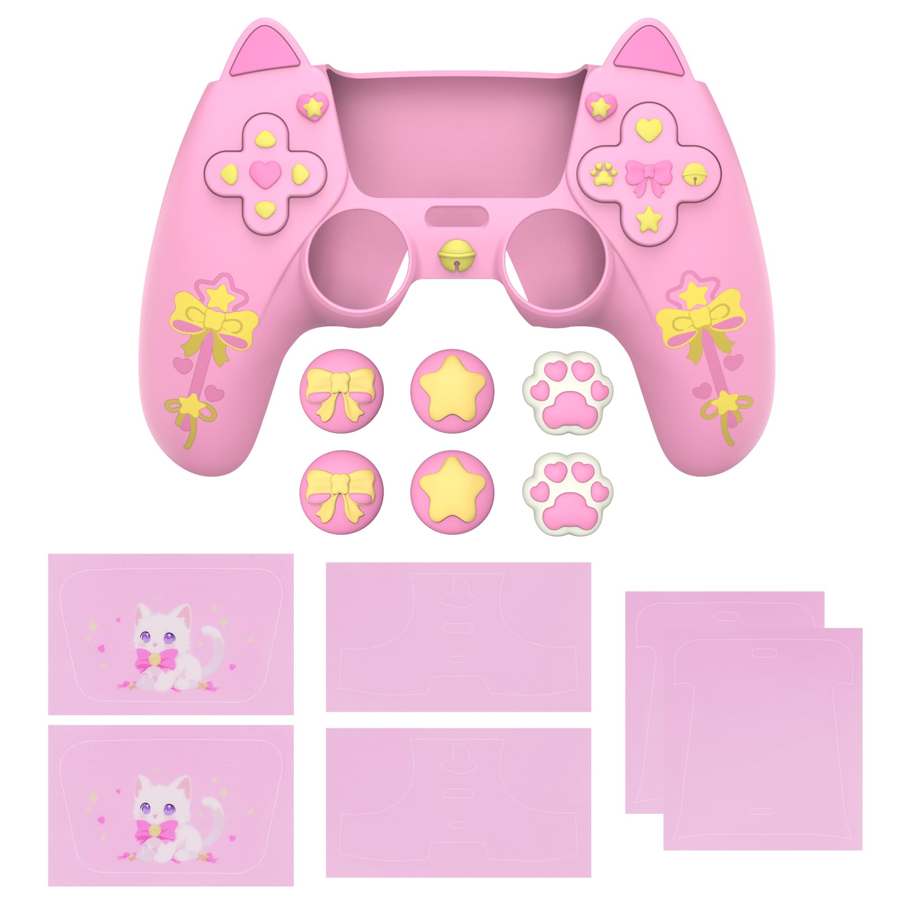 PlayVital Coque Manette pour ps5 Compatible avec Station de Charge avec 6 Capuchons Joystick & Autocollants,Houss de Protection Silicone Antidérapant-Rose,Design Sweetheart Kitty