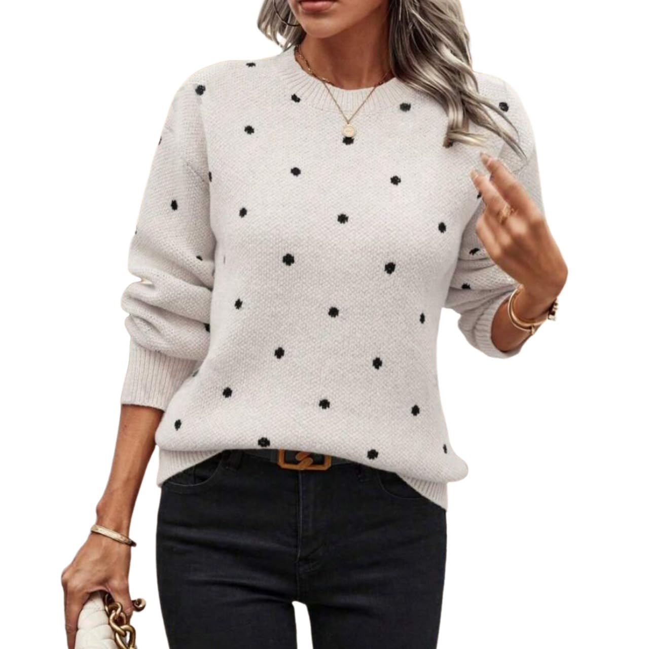Womens Polka Dot Jacquard Knitted Sweater Crew Neck Long Sleeve Boho Trendy Pullover Tops