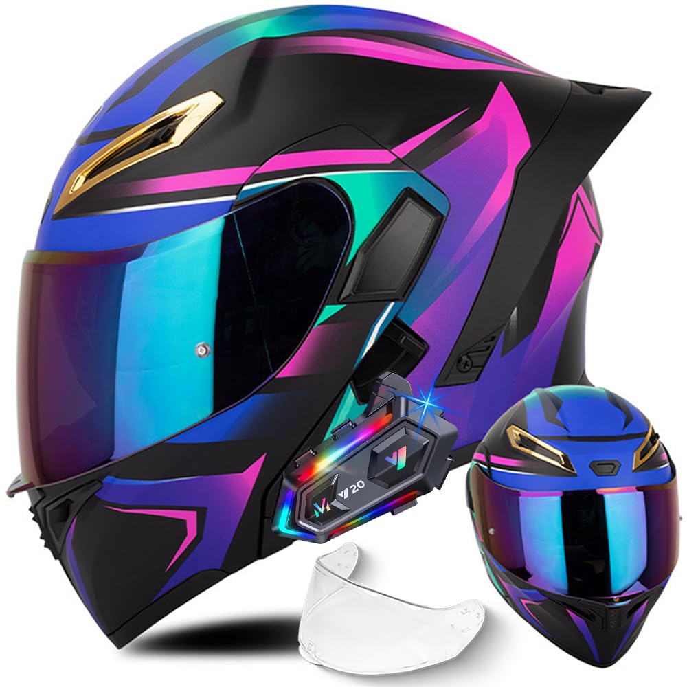 Generic Bluetooth Modular Motorcycle Helmets, DOT Approved Flip Up Full Face Dual Visor Helmet, with Dual Speakers and Microphone, for Adults Men Women ( Color : G , Size : S(55~56cm) )