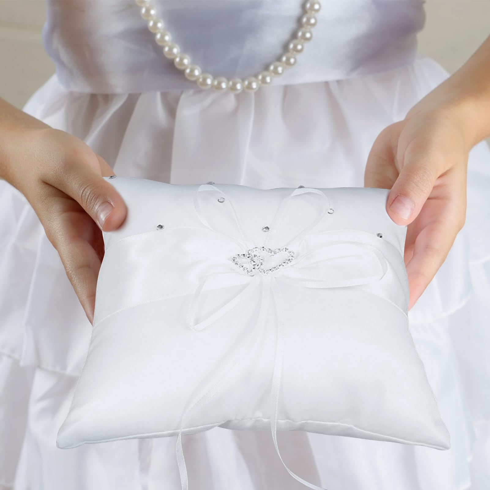 Cuscino Fedi Nuziali 20x20cm - Con Fiocco E Strass Per Cerimonia Matrimonio - Foto 11