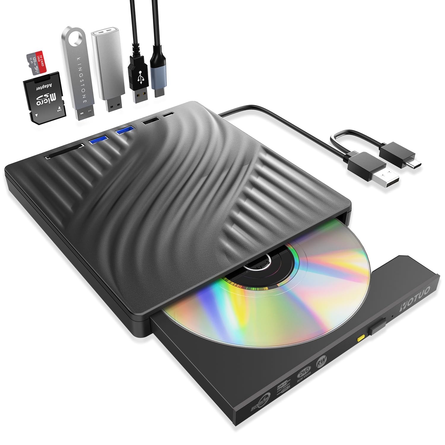 YOTUO Unidad externa multifunción de CD/DVD 3 en 1 Hub y lector de tarjetas SD, reproductor de DVD, interfaz dual USB-C/USB 3.2 portátil para laptop, escritorio, con Windows 7/8/10/11, Mac MacBook Pro
