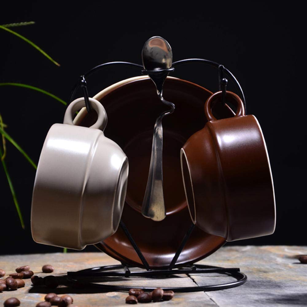 coffee cups set 2 piece set espresso set ceramic solid color tea cup latte with dish metal holder coffee cup dish 150ml@Brown + gray 2 cups