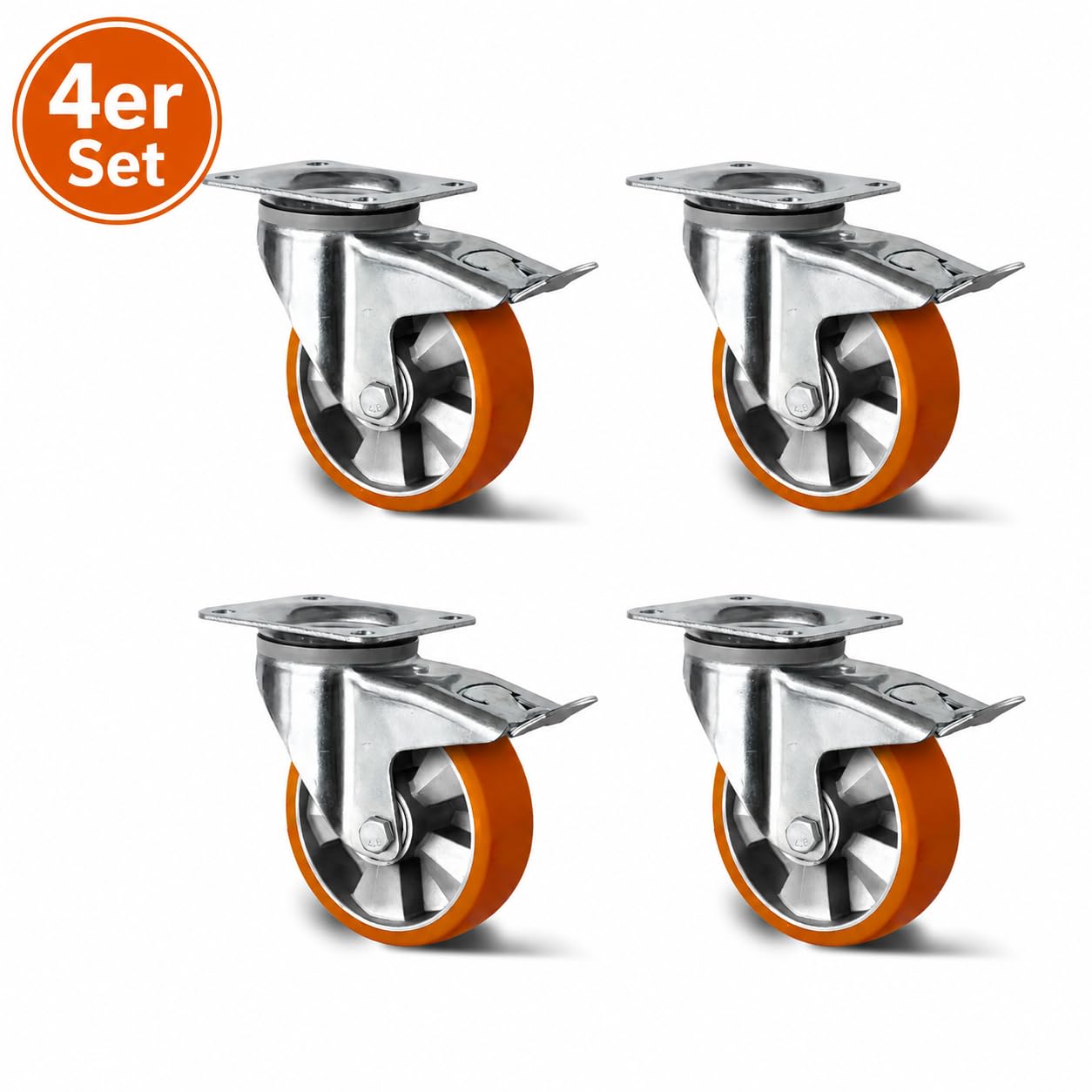 4er Set Schwerlastrollen 125-200 mm bis 1800 kg – Lenkrollen mit Bremse, Lenkrollen & Bockrollen – Alu-Radkörper, Doppelkugellager (200mm, 4 Lenkrollen mit Bremse)