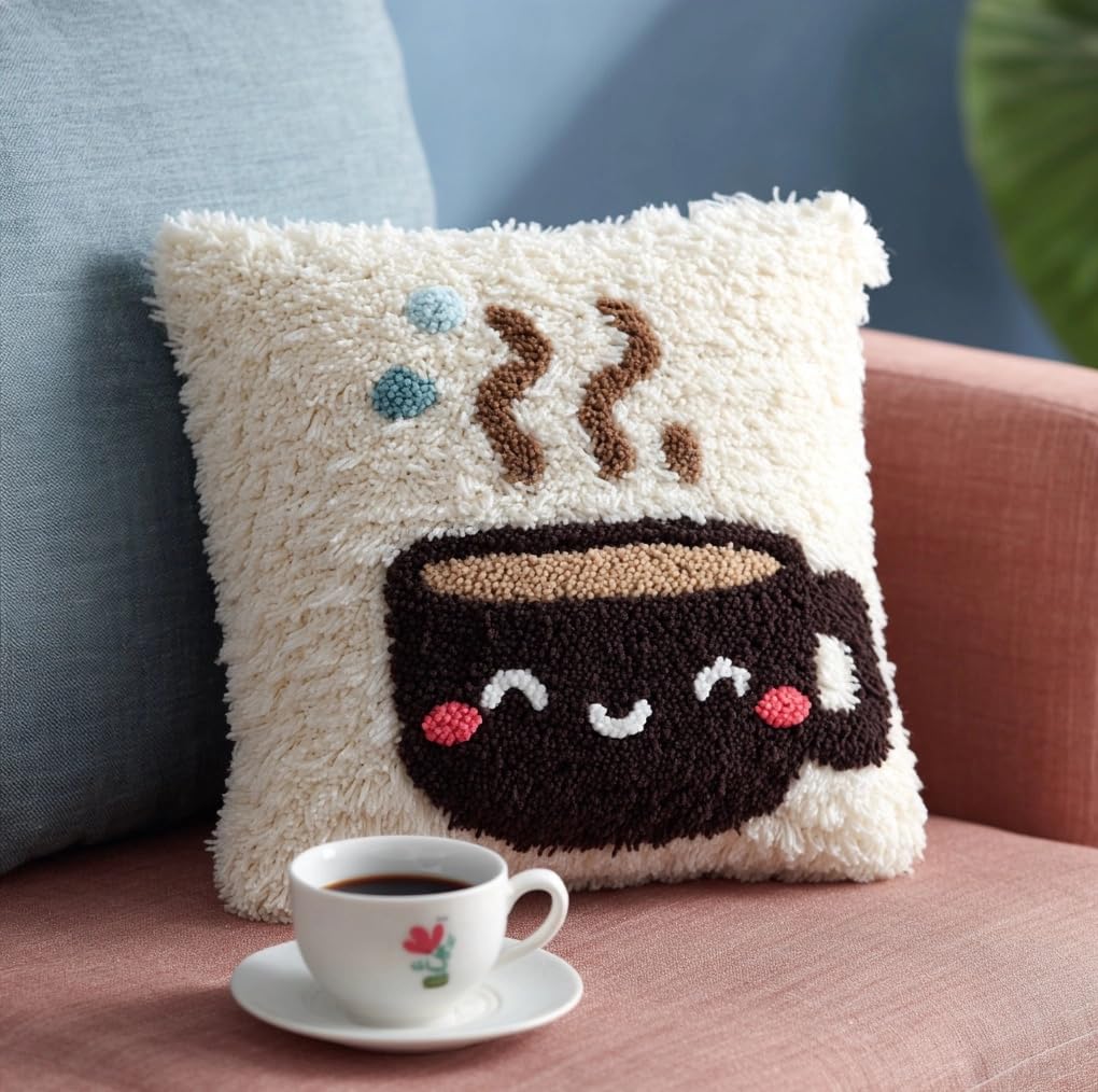 Taxpy Latch Hook Kits Pillow Smiling Cup 17X17 in Printed Canvas Cushion Crochet Yarn Needlework Hook Latch DIY Kit Embroidery Pillowcase Rug Cover Home Sofa Christmas Decoration