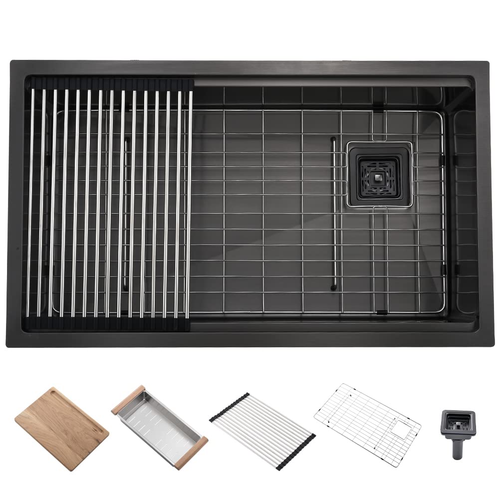 32 Inch Black Undermoutn Kitchen Sink- Abironl 32"x19" Under Mount Kitchen Sink Workstation Ledge 16 Gauge Stainless Steel Kitchen Sink Single Bowl Kitchen Sink with Accessories