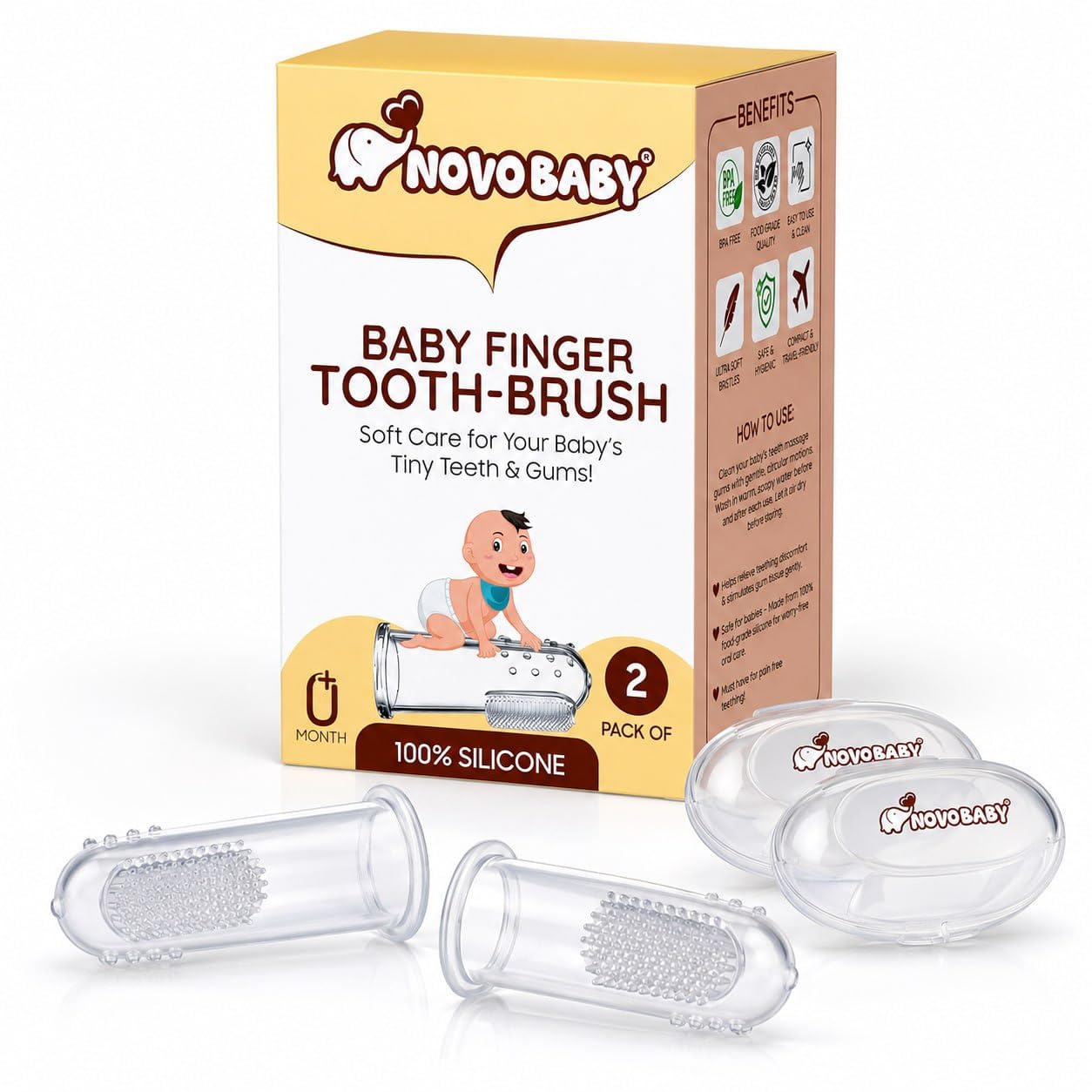 Novo Baby BPA-Free Silicone Baby Finger Toothbrush – Ideal for Gently Massaging and Cleaning Gums,This Soft Finger Brush for Safe and Effective Oral Care Pack of 2-image-11