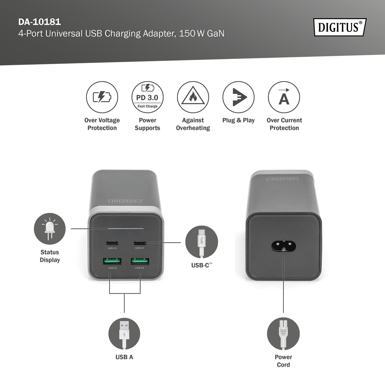 DIGITUS Caricabatterie universale GaN 150 W - 2 porte USB-C - 2 porte USB-A - Caricabatterie veloce Power Delivery 3.0 (PD 3.0) - Per iPhone, iPad, Samsung Galaxy, Pixel, Xiaomi, Motorola, Huawei