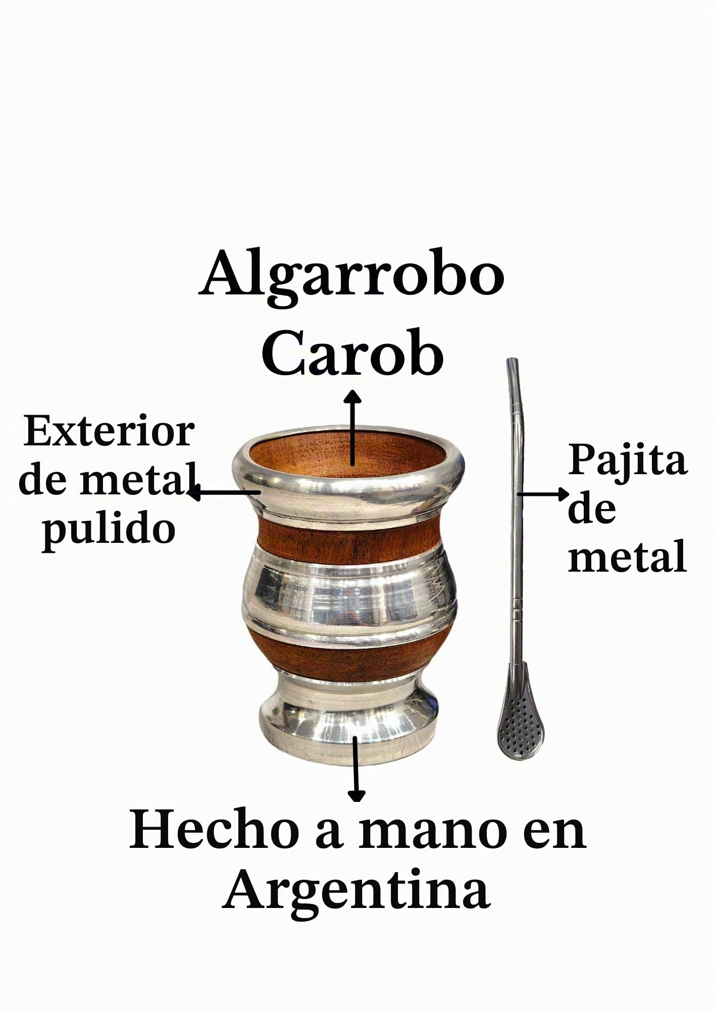 Mate Madera Algarrobo Argentino, Mate Argentino con Bombilla de Acero Inoxidable, Hecho a Mano por Artesanos Argentinos, Calabaza Gourd Cup