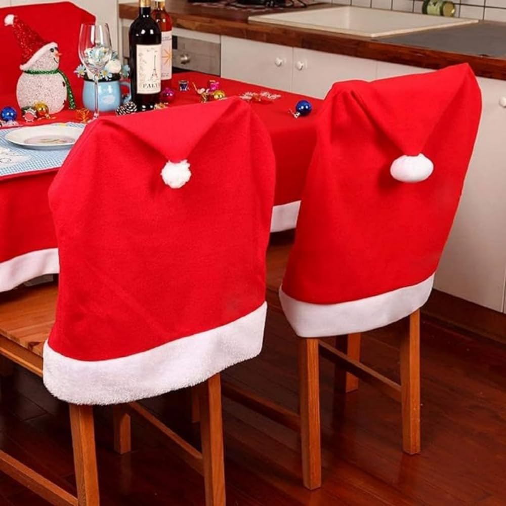 Hollylife 6 Pcs Christmas Chair Covers Non-Woven Red Hat Dining Chair Santa Claus Hat Chair Back Cover Christmas Dining Room Kitchen Party Decoration Holiday Accessories Suitable for Family Ornament