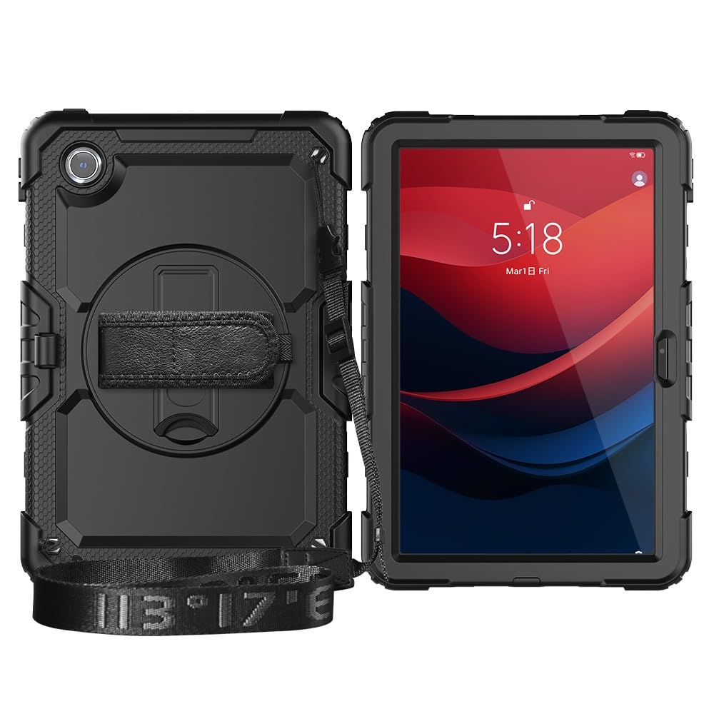 Kompatybilny z Lenovo Tab M11 TB-330FU/Lenovo Xiaoxin Pad 2024 TB-331FC Wytrzymała, odporna na wstrząsy obudowa TPU, osłona ochronna osłoną ekranu Obrotowa podpórka 380 + pasek rękę + ramię(Noir)