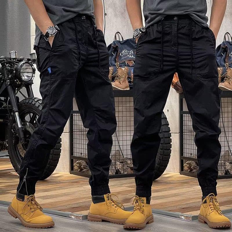 Men's Spring American Retro Cargo Pants Elastic Waist Zipper Casual Pants3