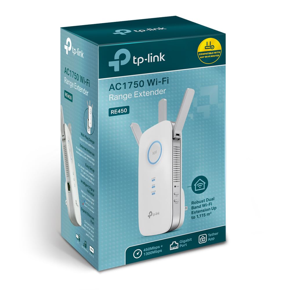 TP-Link RE450 - Repetidor Wi-Fi AC1750, Amplificador de Red, Velocidad Doble Banda, 1 x Puerto Gigabit, luz señal Inteligente, Modo Ap, fácil configuración, Color Blanco