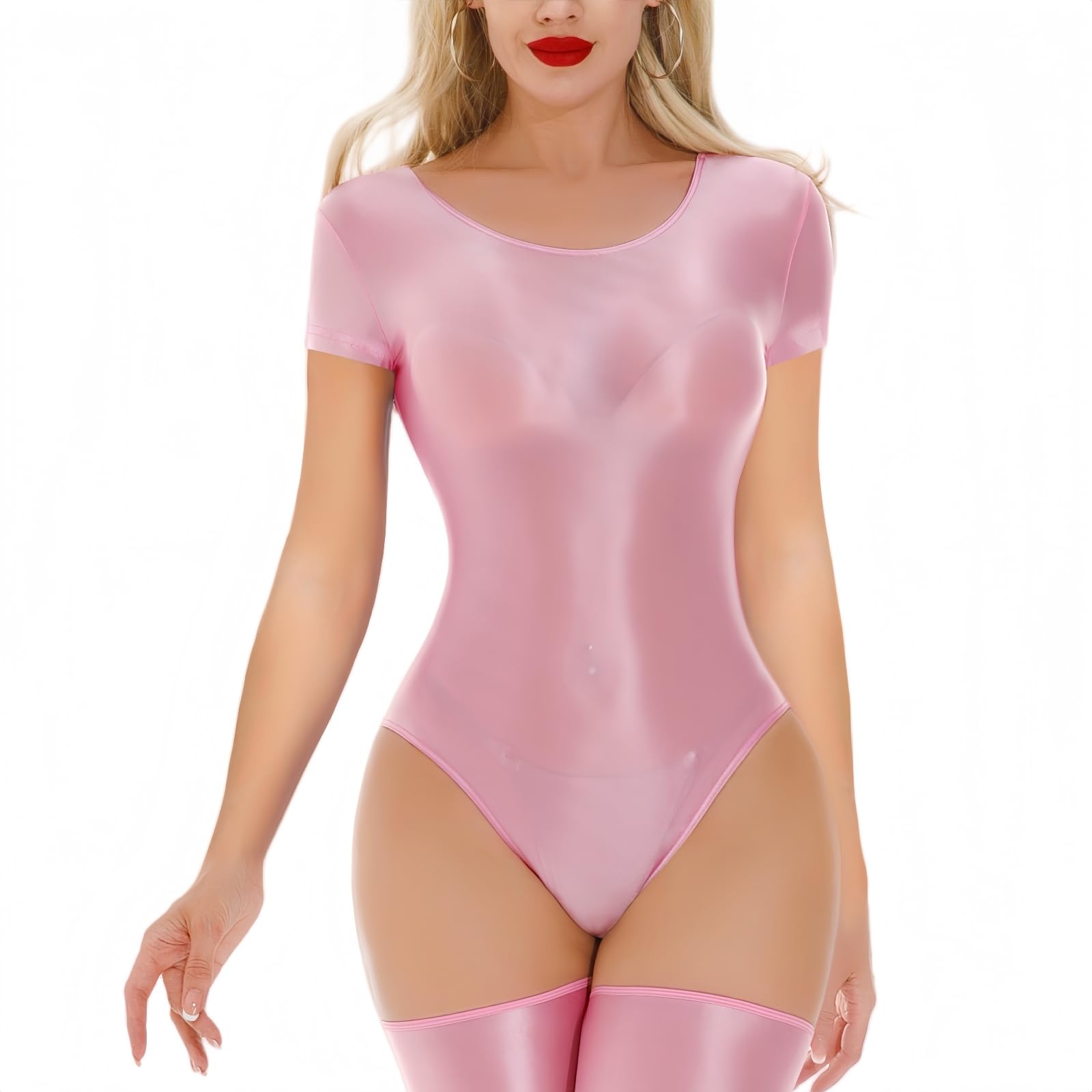 TouKingda Women's Glossy Bodysuit Short Sleeve Sexy Shiny Round Neck See Through Body Suits Y2K Jumpsuit Leotard Tops Going Outfits Clubwear Festival Rave Dancewear(Pink/XL)