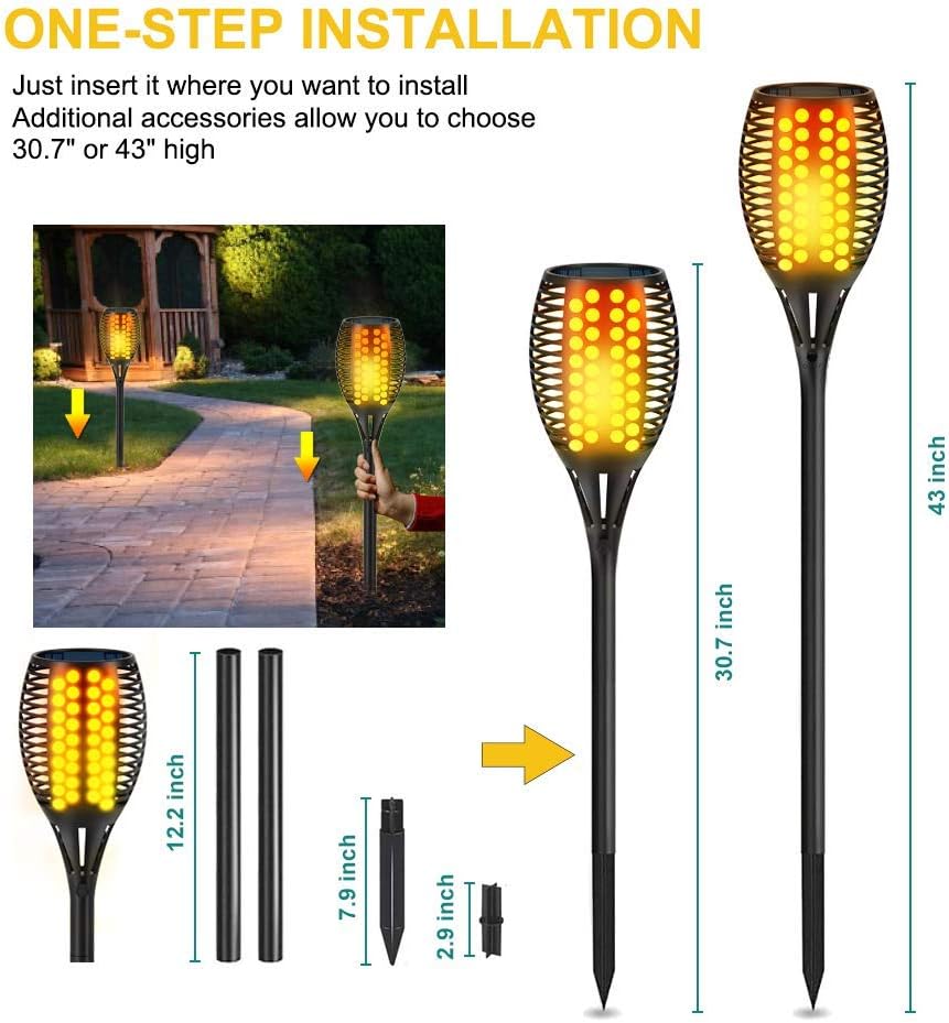 Solar Lights, 43" Flickering Flames Torch Lights Outdoor Waterproof Landscape Decoration Lighting 4-Pack + 4 PCs Plastic Spikes for Solar Flame Torch Lights Solar Torch Lights Replacement ABS Ground S