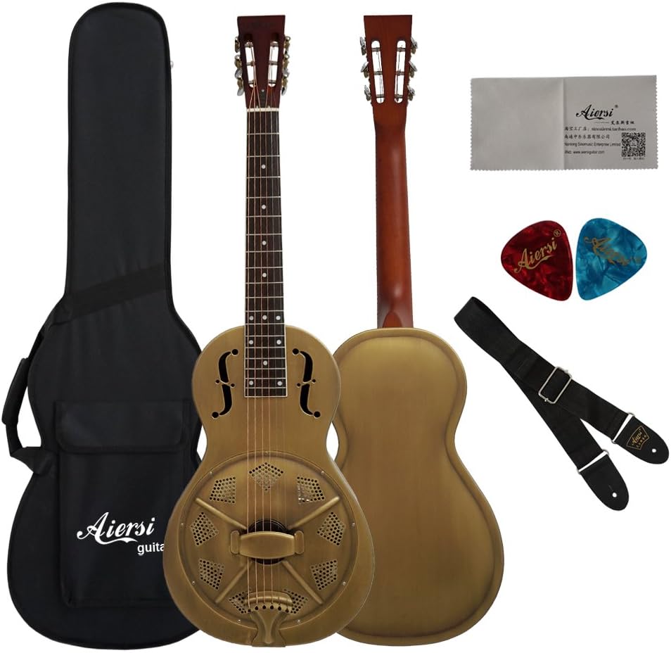 Vintage Golden Bell Finish Single Cone Brass Body Parlour Acoustic Resonator Guitar With Case,Strap and Picks