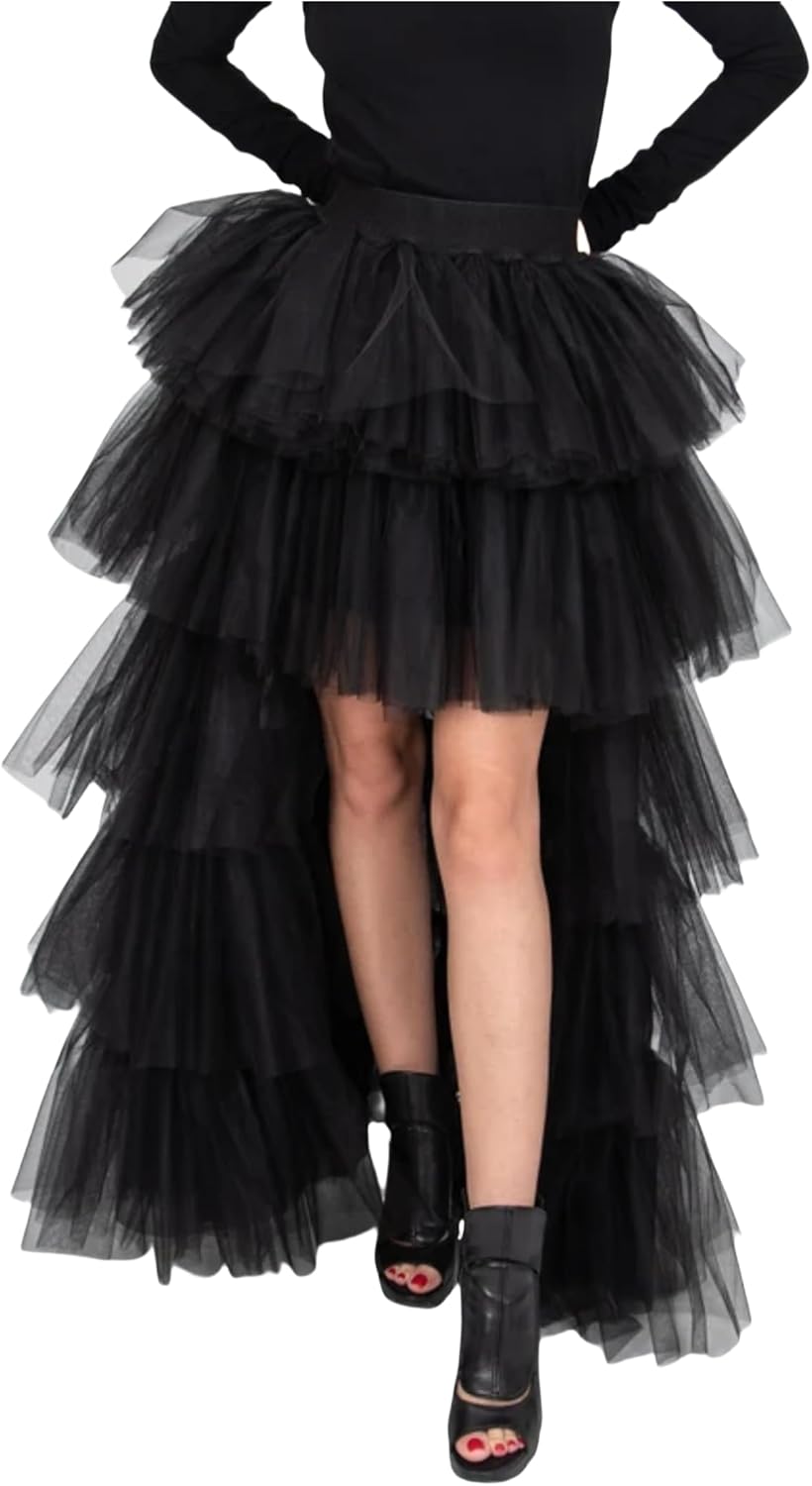 Women's High Low Tutu Skirts Sweet Elastic Waist Tulle Layered Ruffles Mesh Long Tiered Skirt