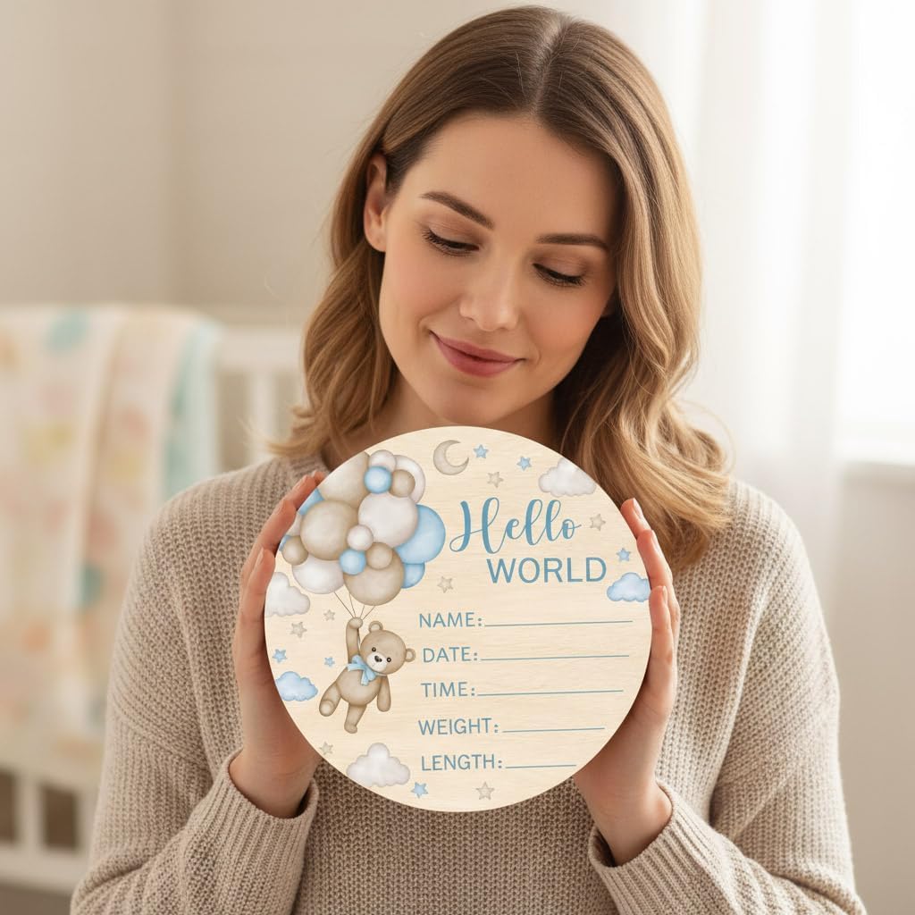 Andrain Double-Sided Wooden Newborn Birth Sign, Blue Bear Baby Announcement Sign, Bear Hello World Name Sign for Hospital, Gift for New Mom Baby Shower, Photography Prop