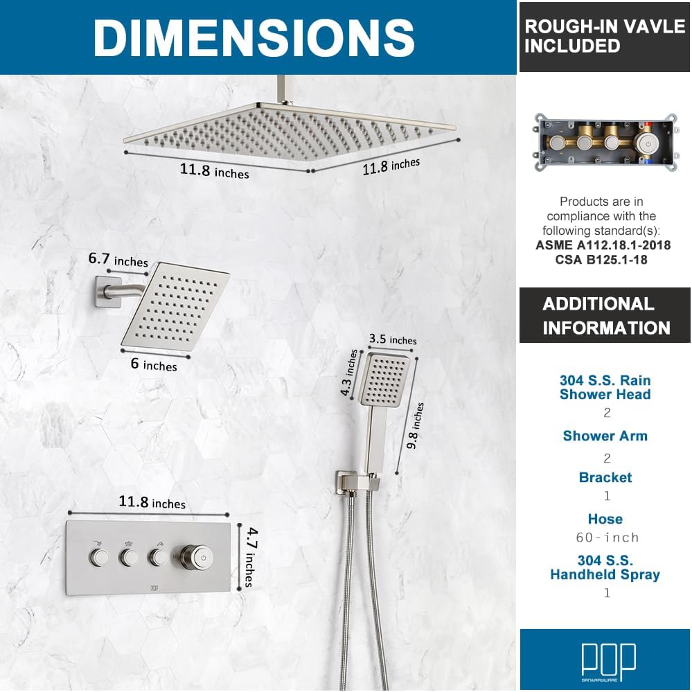 POP SANITARYWARE Shower Faucet Set Brushed Nickel Bathroom Rainfall Shower System, Ceiling Mount 12 Inch Shower Head with 6 Inch Wall Mount Shower Head Handle Set, Include Shower Valve and Trim Kit