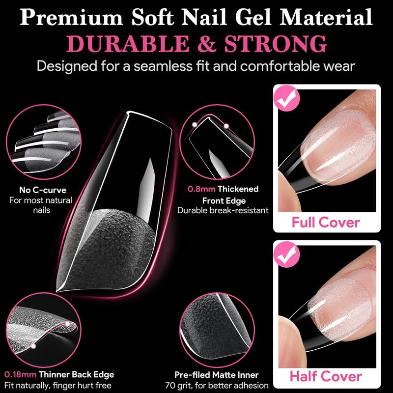 Image of Medium Coffin Nail Tips, 15 Sizes 510 PCS Clear Gel Tips | 510 PCS clear medium coffin tips with half-matte full cover, pre-shaped for bulk salon or home manicures.