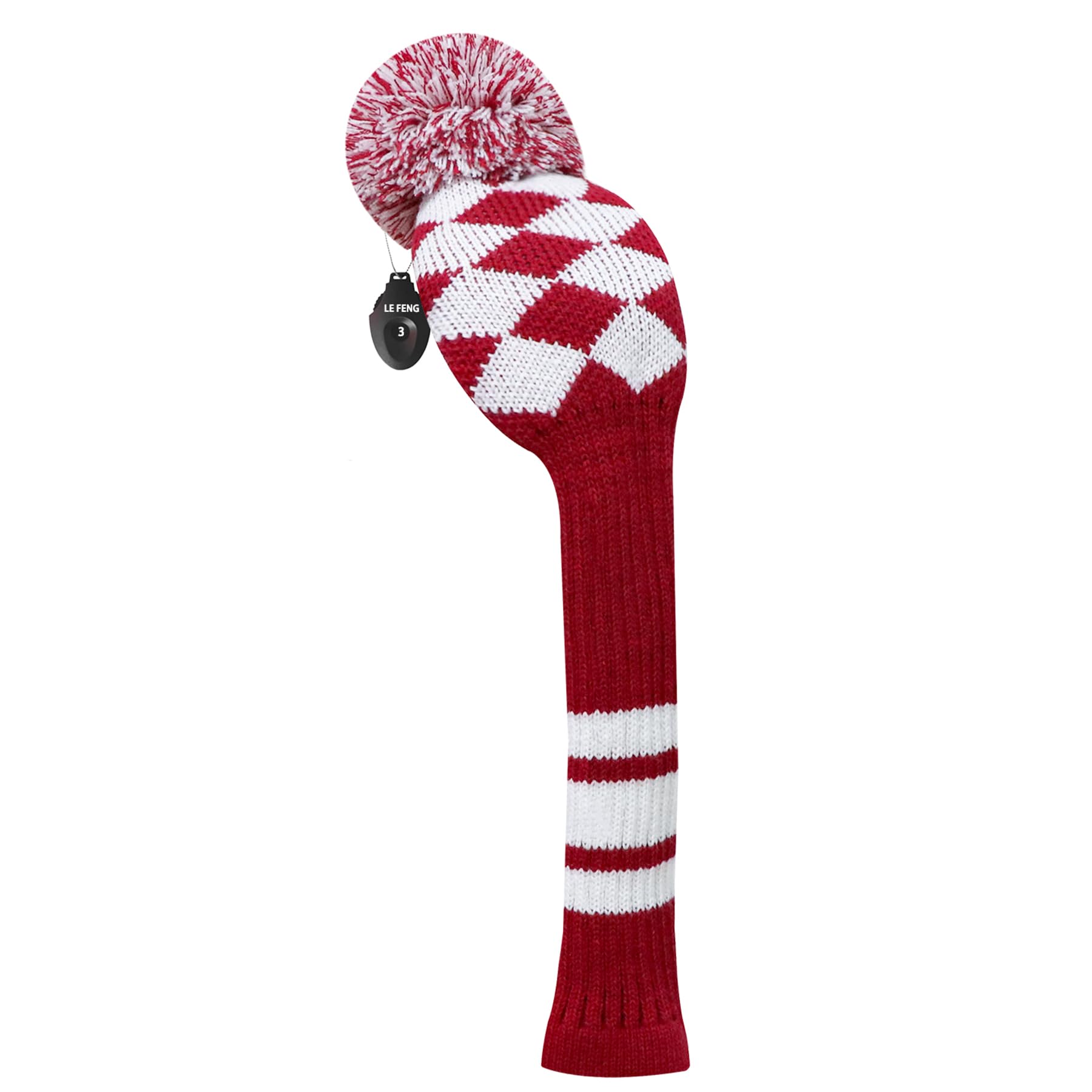 LeFeng 1Pcs Golf Club Cover, Knitted Golf Head Cover for 460cc Driver Fairway Woods and Hybrid with Cute Pom Pom and Number Tag(Red White Plaid,for Fairway)