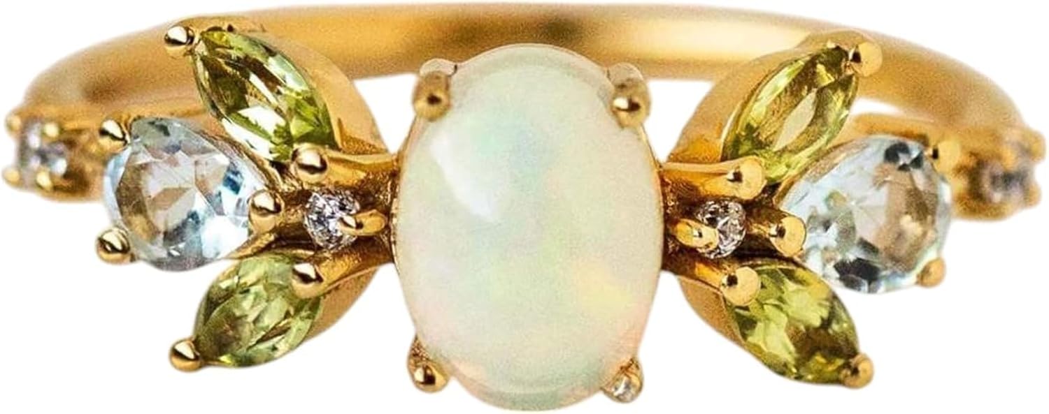 Vintage Opal Peridot & Aquamarine Cluster Bridal Ring 14k Yellow Gold Diamond Ring Unique Art Deco Handmade Jewelry Gift For Her