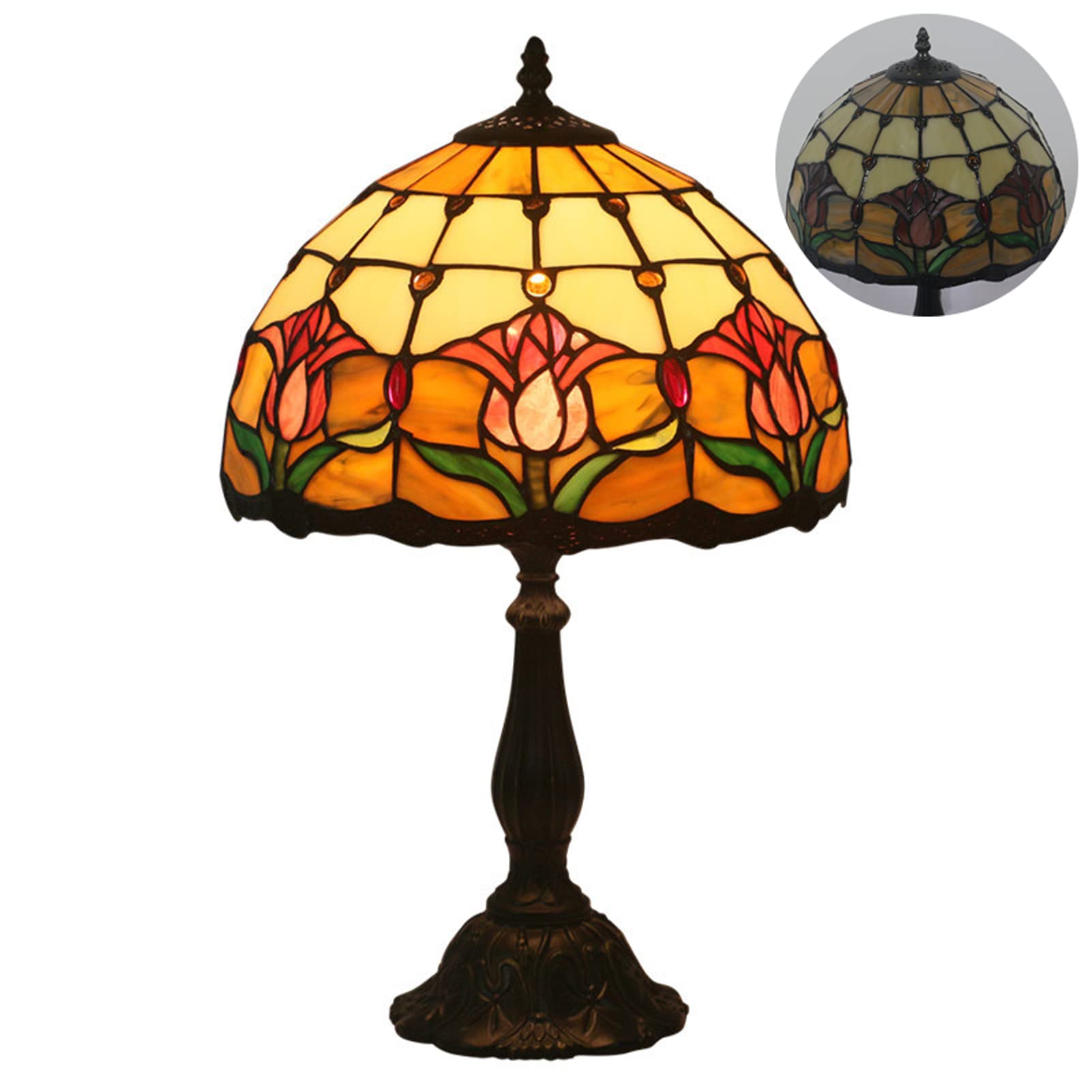 Uziqueif Vintage Tiffany Style Table Lamps - W12 H19 inch Rose/Tulips/Sunflowers Stained Glass lampshade for Living Room, Bedside, Bedroom, Lounge, Hotel, E27 Reading Desk Light, Night Light,Tulip B