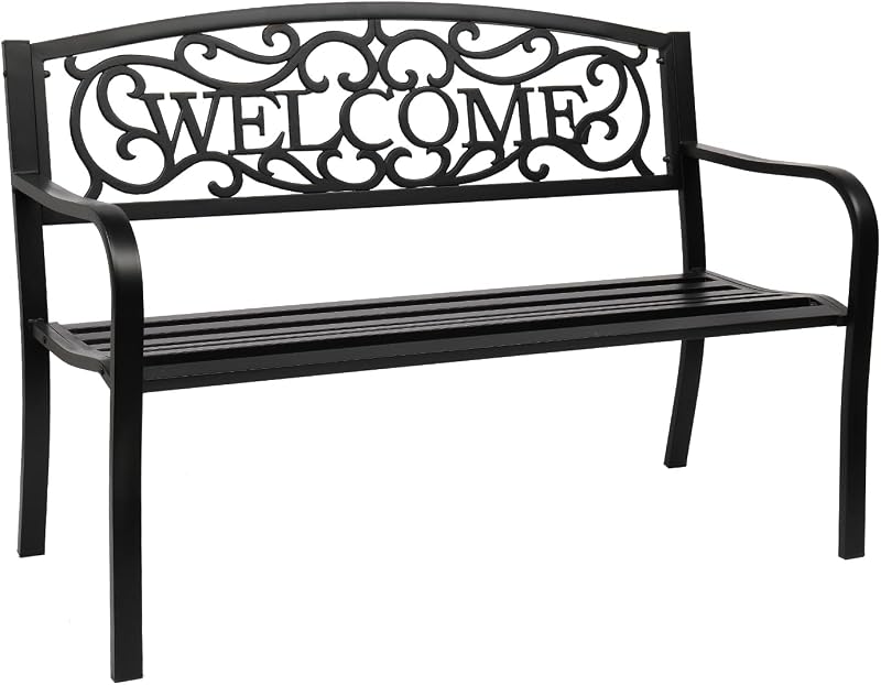Outdoor Bench, 50" Metal Garden Bench Patio Park Furniture w/Warm Welcome Pattern & Plastic Backrest for Yard Entryway Deck Porch Black
