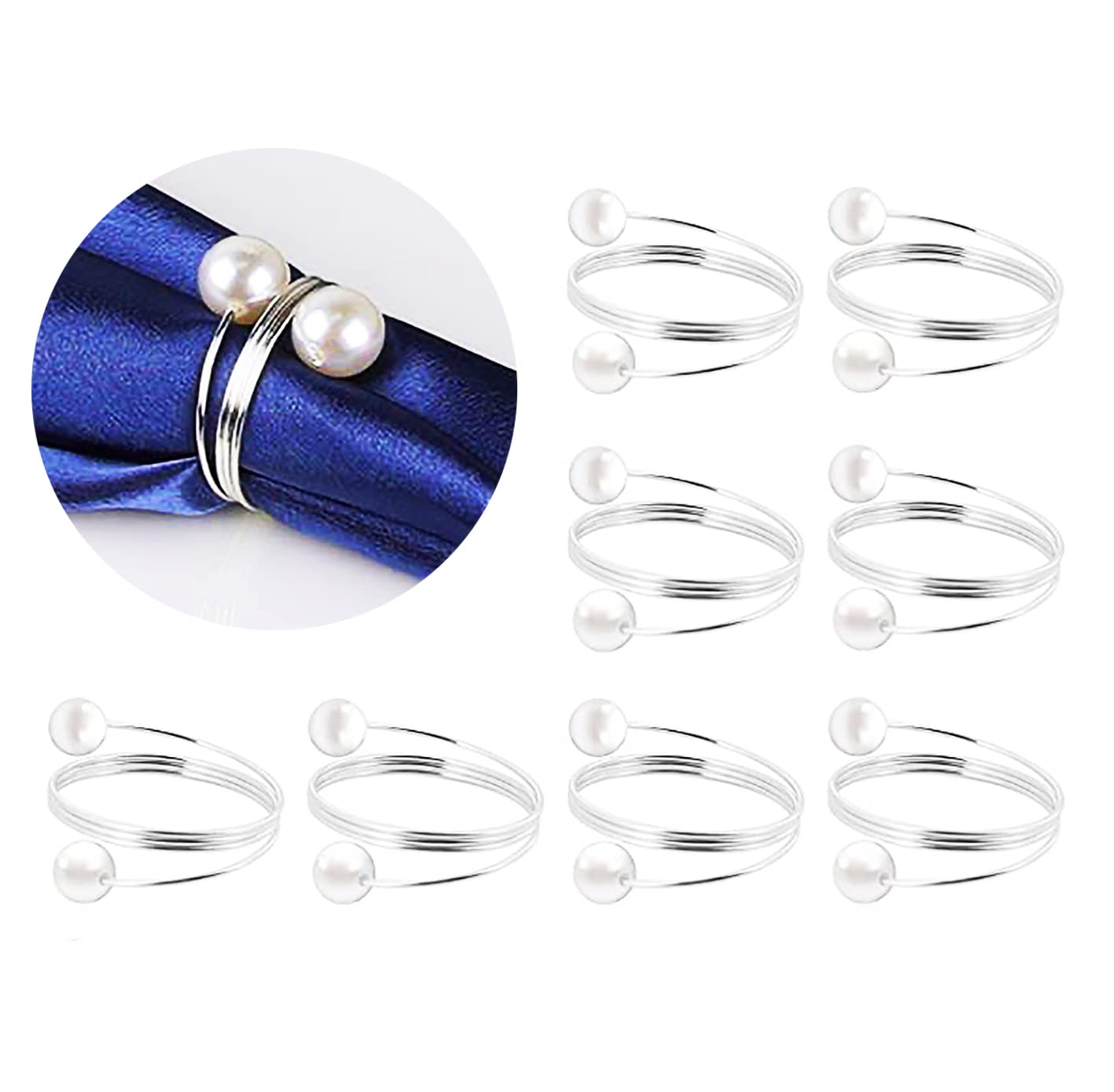 Pearls Napkin Rings Wedding, Silver Gold Serviette Napkin Buckle Holder for Valentine's Day,Christmas,Family Gathering,Dinner Party(Silver-8 PCS)