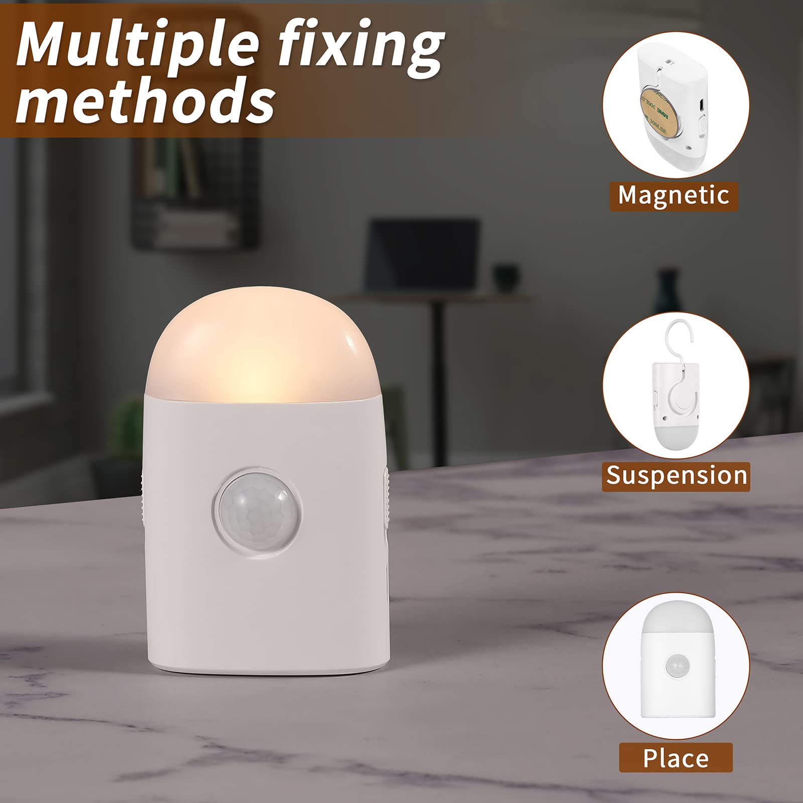 Luces LED de noche con sensor de movimiento, color blanco cálido con batería recargable de brillo ajustable, con gancho y adhesivo para armario, armario, pasillo, escaleras (1 unidad)