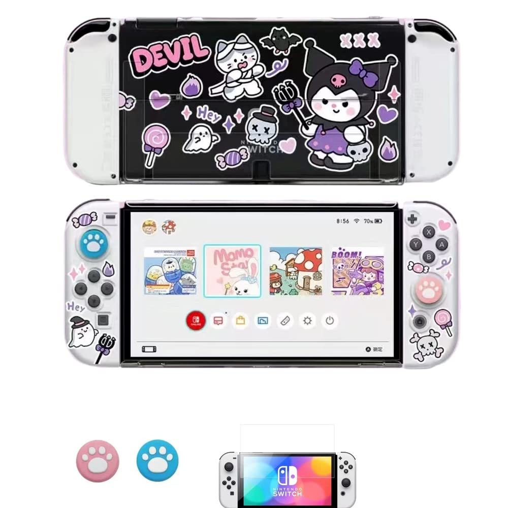 Cute kuromi Case Compatible with Nintendo Switch OLED, Dockable Case Cover, Ergonomic Soft TPU Grip Case for Joycon, Sparkle Skin Set with Screen Protector and Thumb Caps