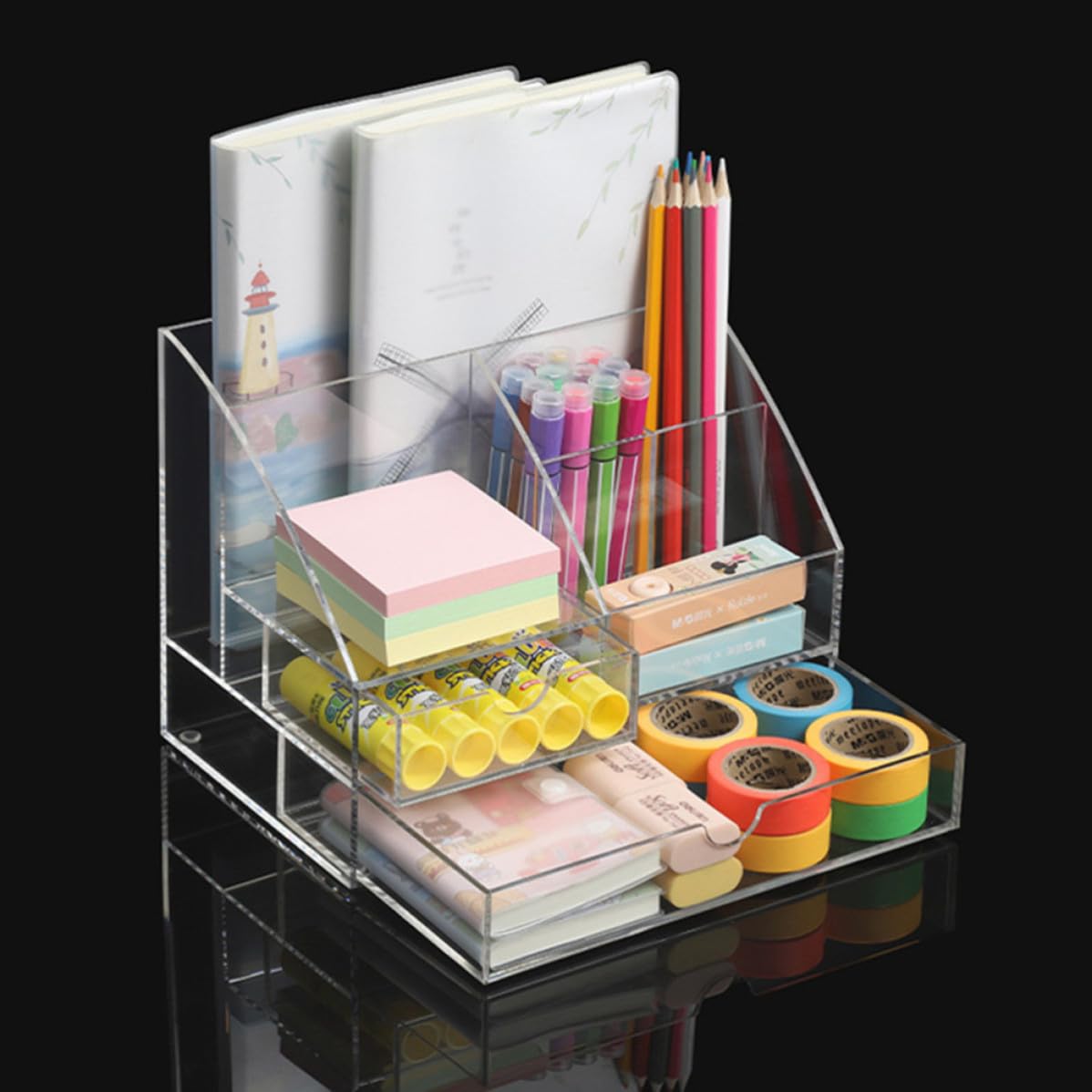 Balacoo Organizador para Escritorio y Cajón con Múltiples Compartimentos Caja Multiusos de Acrílico Transparente para Maquillaje, Joyas y Papelería en Oficina o Baño