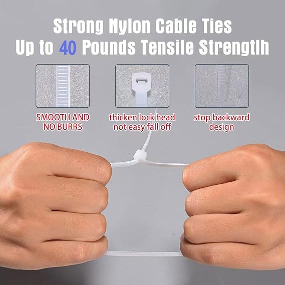 8 Inch Zip Ties White 2000 Pack Bulk, 40 lb Tensile Strength Nylon Cable Ties, UV Resistant Self-Locking Wire Ties for Cable Management, Garden, Garage, Home and Indoor Outdoor Use