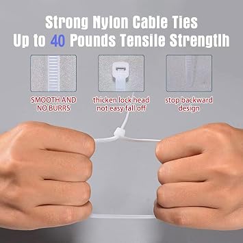 8 Inch Zip Ties White 2000 Pack Bulk, 40 lb Tensile Strength Nylon Cable Ties, UV Resistant Self-Locking Wire Ties for Cable Management, Garden, Garage, Home and Indoor Outdoor Use